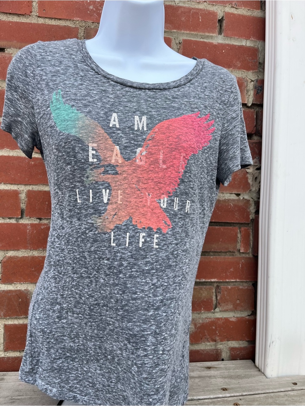 American Eagle Outfitters Gray Tee with Multicolor Eagle Graphic